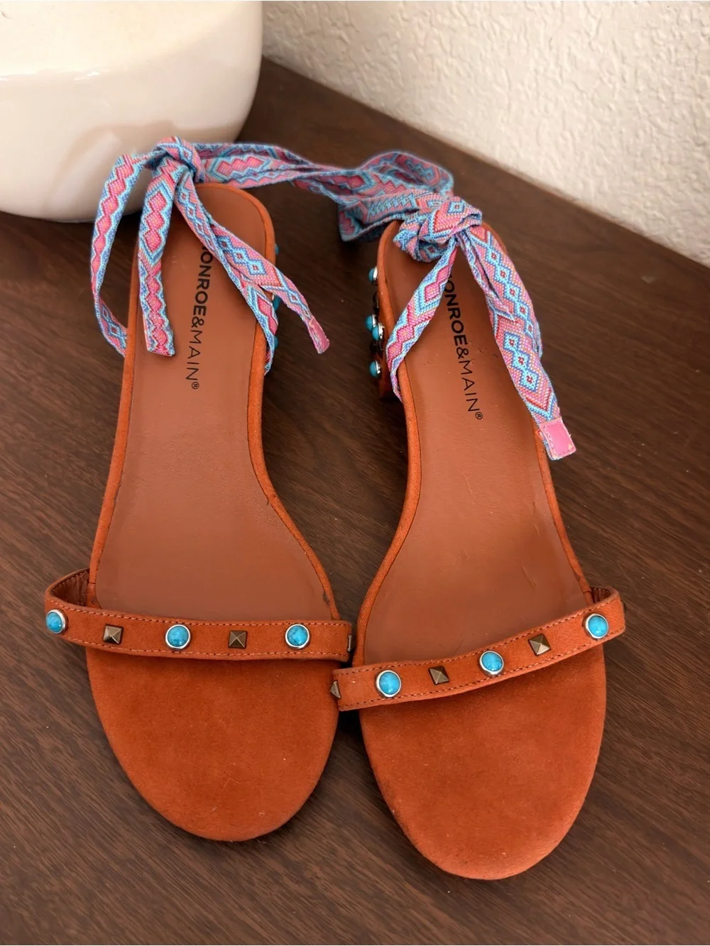 Monroe & Main size 10 Brown Lace-Up Block Heel Sandals Turquoise NEW no tags
